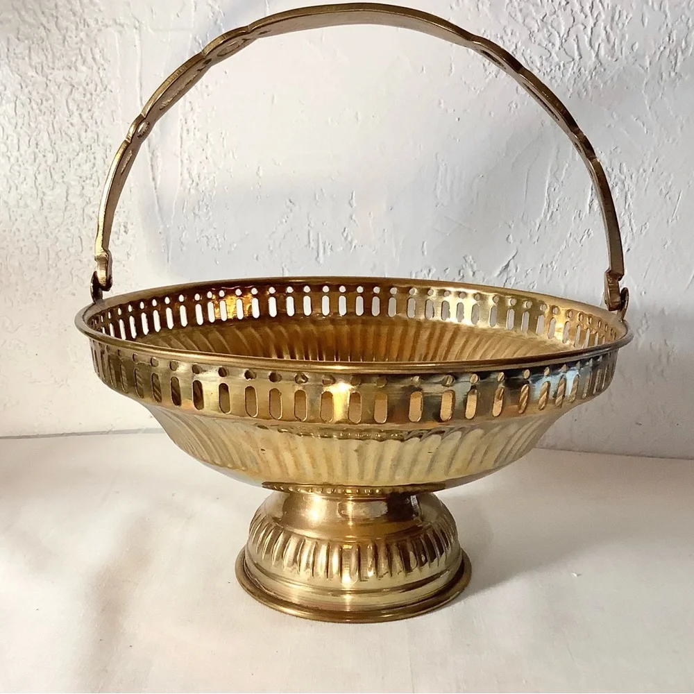 Vintage Brass Footed Bowl Basket With Handle - Detailed ~8 X 7.5 “